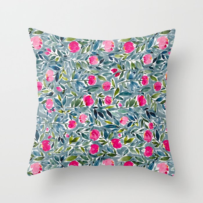 Popping Peonies - Blue Throw Pillow