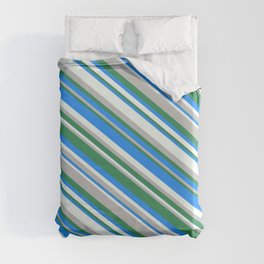 [ Thumbnail: Blue, Mint Cream, Grey, and Sea Green Colored Pattern of Stripes Duvet Cover ]