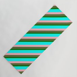 [ Thumbnail: Eye-catching Aqua, Light Pink, Dark Olive Green, Dark Green & Green Colored Stripes/Lines Pattern Yoga Mat ]