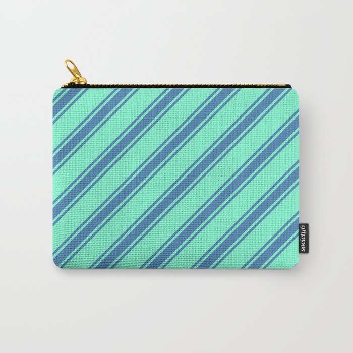 Aquamarine and Blue Colored Striped/Lined Pattern Carry-All Pouch
