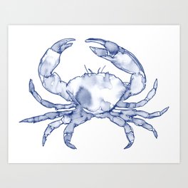 Crab Watercolor (Part of a Set), Navy and White Art Print