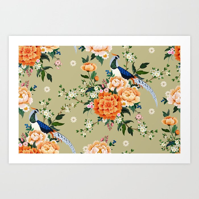 Beautiful seamless pattern with diamond pheasant sitting on peony branch with blooming sakura, plum and daisies, summer dress in Chinese style Art Print
