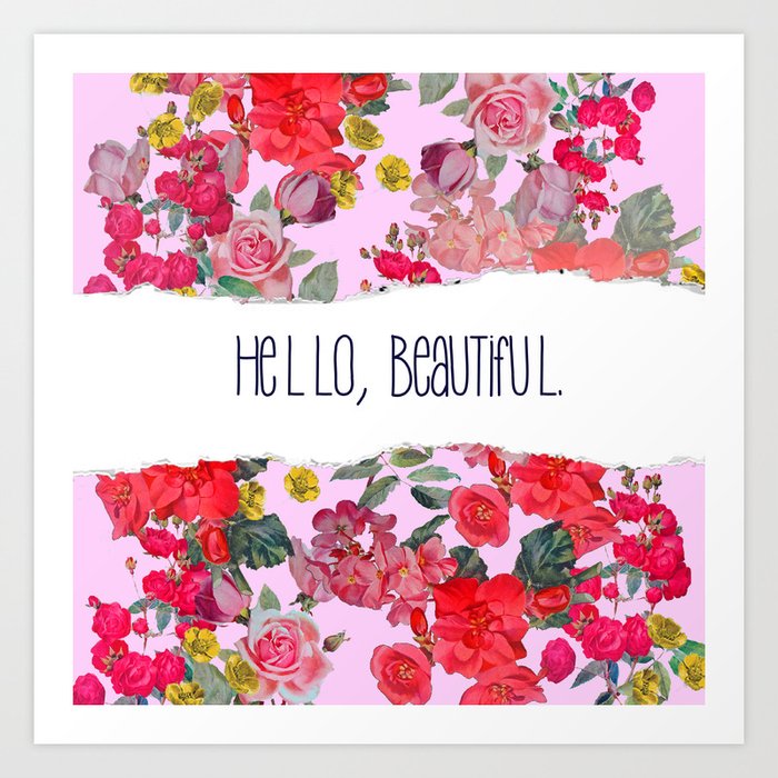 Hello Beautiful Vintage Floral Print With Light Pink Background
