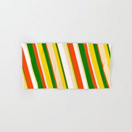 [ Thumbnail: Eye-catching Yellow, Beige, White, Red & Green Colored Pattern of Stripes Hand & Bath Towel ]