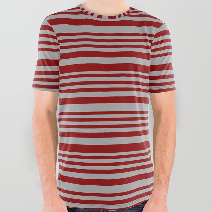 Dark Red and Dark Gray Colored Lines/Stripes Pattern All Over Graphic Tee