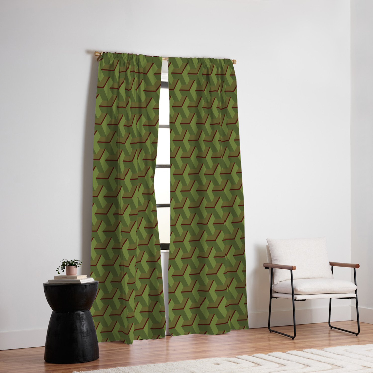 Army Green Geometric 3d Pattern Blackout Curtain By Uglypaper