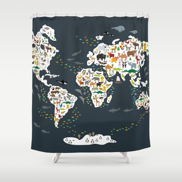 Cartoon Animal World Map For Children Kids Animals From All Over The Back To School Gray Shower Curtain By Ekaterinap Society6 Cartoon Animal World Map For Children, World Shower Curtain