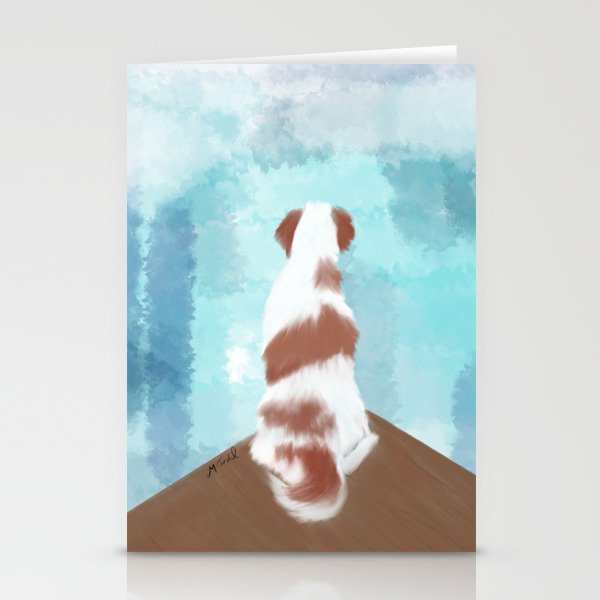 Deschutes The Brittany Spaniel Stationery Cards | Drawing, Digital, Brittany-spaniel, Brittany, Spaniel, White-and-red, Sitting-on-deck, At-the-lake, Dog, Cute