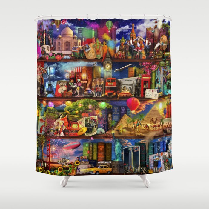 World Travel Book Shelf Shower Curtain By Foxfires Society6 World Travel Book Shelf Shower Curtain