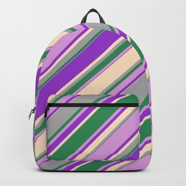 [ Thumbnail: Colorful Dark Orchid, Bisque, Dark Gray, Sea Green & Plum Colored Lines Pattern Backpack ]