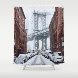 New York City Manhattan Bridge in Dumbo during snowstorm Shower Curtain