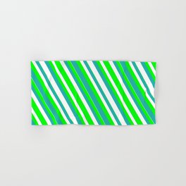 [ Thumbnail: Lime, Light Sea Green & White Colored Striped/Lined Pattern Hand & Bath Towel ]