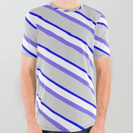 [ Thumbnail: Medium Slate Blue, Light Grey, Blue & White Colored Striped/Lined Pattern All Over Graphic Tee ]