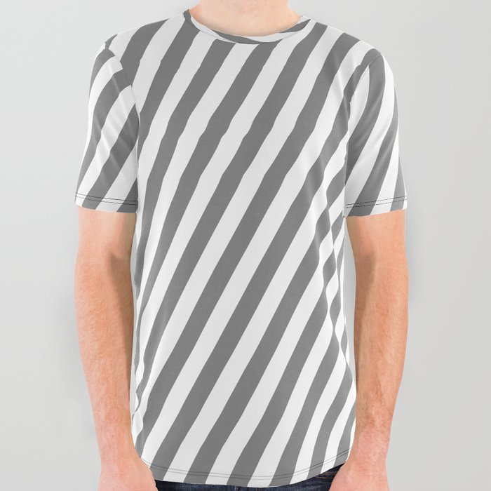 White and Gray Colored Lined Pattern All Over Graphic Tee
