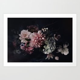 Vintage flowers. Peonies, tulips, lily, hydrangea on black. Floral background. Baroque style floristic illustration.  Art Print