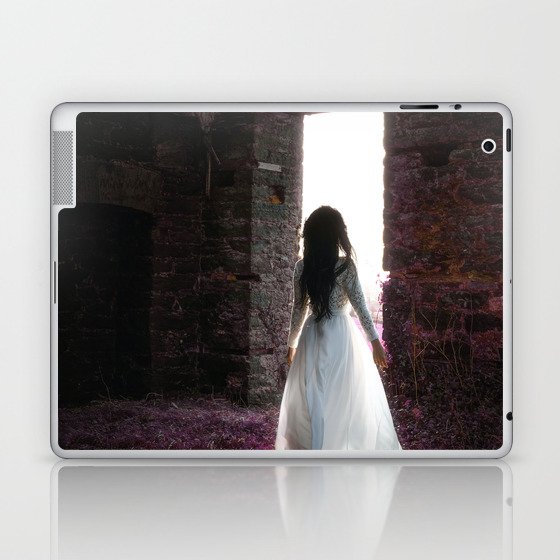 Dreams of lavender; female in beautiful white gown on spring morning walking into sunlight portrait magical realism fantasy color photograph / photography Laptop & iPad Skin