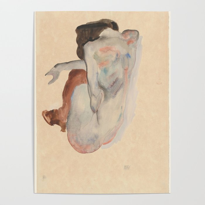 Crouching Nude in Shoes and Black Stockings, Back View - Egon Schiele Poster