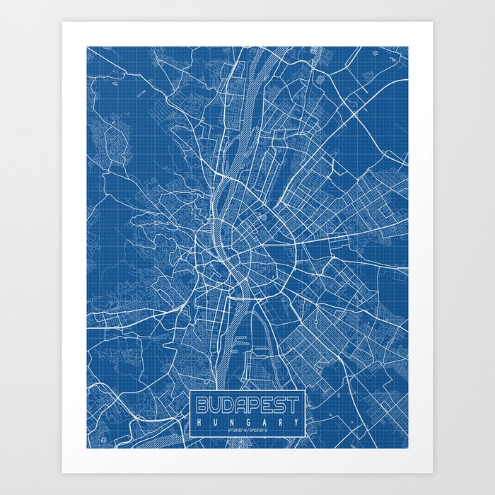 Budapest City Map of Hungary - Blueprint Art Print