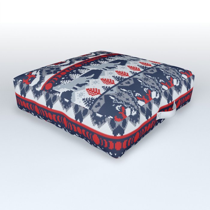 Fair isle knitting grey wolf // navy blue and grey wolves red moons and pine trees Outdoor Floor Cushion