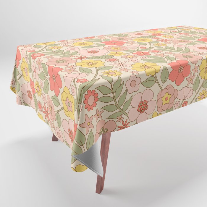 Retro 60s Floral Flower Power-Pastel on Cream  Tablecloth