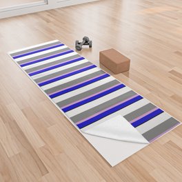 [ Thumbnail: Eyecatching Blue, Plum, Grey, White, and Black Colored Lines Pattern Yoga Towel ]