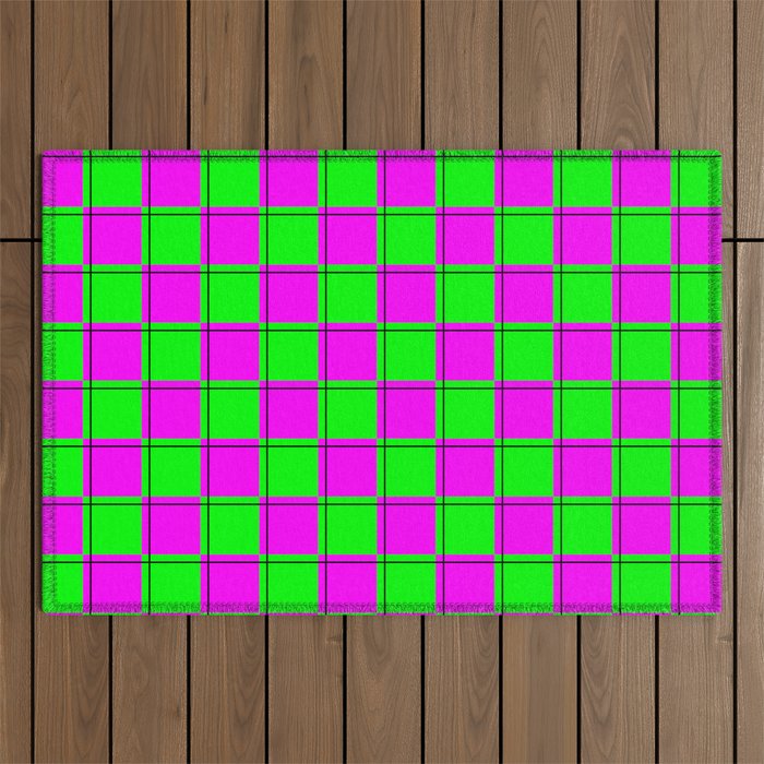 Pink and Green Neon Check Pattern Outdoor Rug