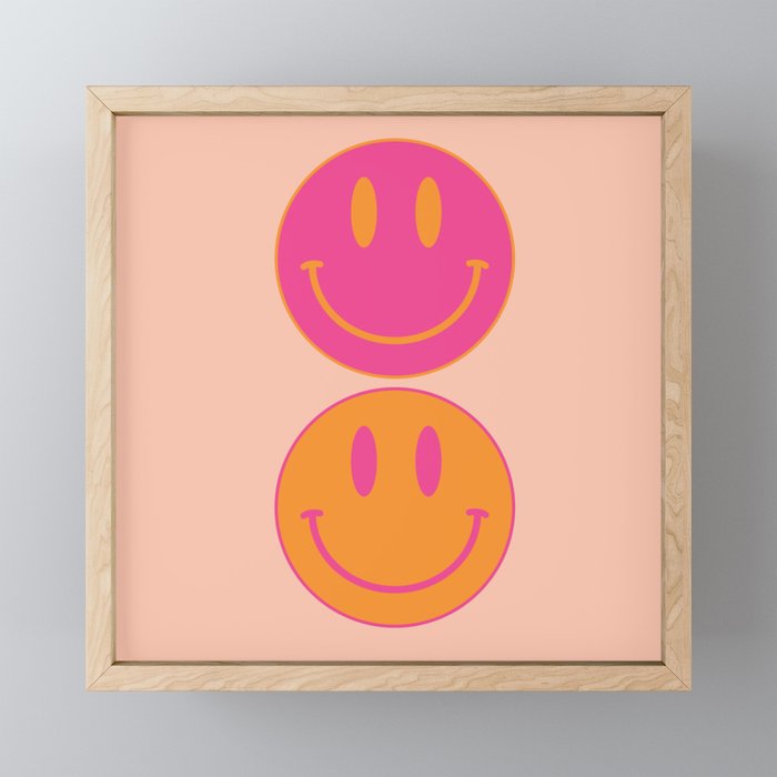 Large Pink and Orange Groovy Smiley Face Pattern - Retro Aesthetic  Framed Mini Art Print