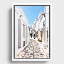 Street View of Tinos Island in Greece with Traditional Houses and Shops Framed Canvas