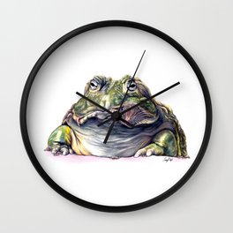Bullfrog Snacking Wall Clock | Green, Funny, Bullfrog, Mouse, Nature, Frog, African, Animal, Drawing, Eating 