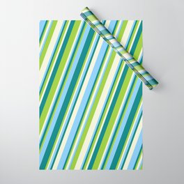 [ Thumbnail: Teal, Green, Beige & Light Sky Blue Colored Stripes/Lines Pattern Wrapping Paper ]
