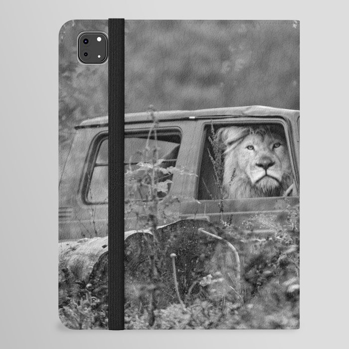 Baby, you can drive my car; lion out for a drive in a Cherokee funny black and white photograph - photography - photographs by Tambako the Jaguar iPad Folio Case