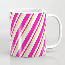 [ Thumbnail: Tan, Light Cyan & Deep Pink Colored Striped Pattern Coffee Mug ]