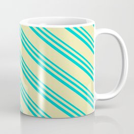 [ Thumbnail: Dark Turquoise and Pale Goldenrod Colored Lines/Stripes Pattern Coffee Mug ]