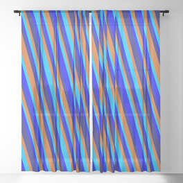 [ Thumbnail: Midnight Blue, Chocolate, Deep Sky Blue & Blue Colored Striped/Lined Pattern Sheer Curtain ]