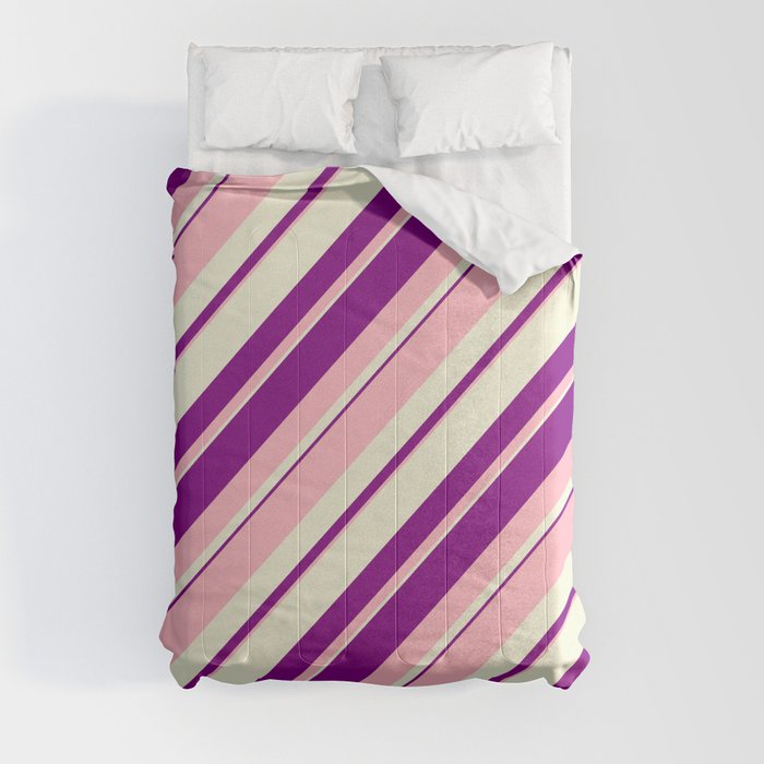 Light Pink, Beige, and Purple Colored Lined/Striped Pattern Comforter