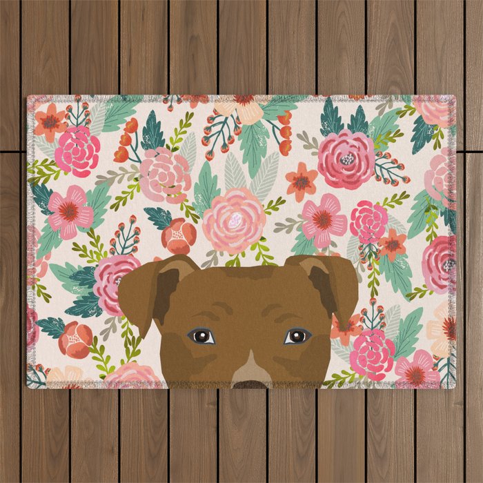 Pitbull floral dog portrait pibble peeking face gifts for dog lover Outdoor Rug