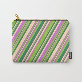 [ Thumbnail: Orchid, Green, Sea Green, and Beige Colored Stripes Pattern Carry-All Pouch ]