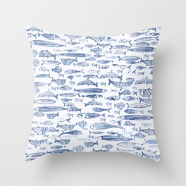 Fishes pattern, classic, sea, ocean, underwater, water, pattern, fishes, fish, whales, nautical, white-blue, painting, digital, stripes, summer, beach, sharks, navy, blue,  Throw Pillow