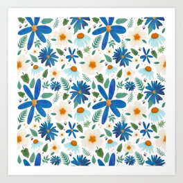 Blue and White Flower Pattern Art Print