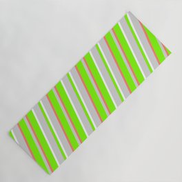 [ Thumbnail: Green, White, Light Gray & Salmon Colored Striped/Lined Pattern Yoga Mat ]