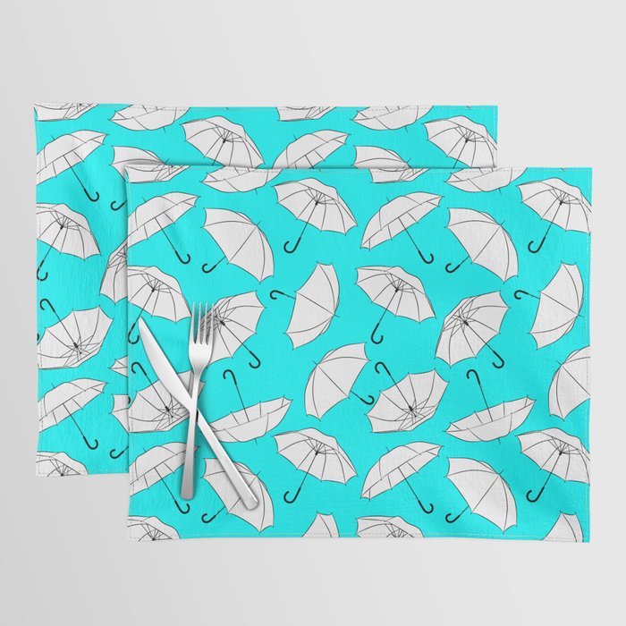 White Umbrella pattern on Aqua Blue background Placemat