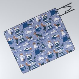 Life is better with books a hot drink and a friend // indigo blue background brown white and blue beagles and cats and classic blue cozy details Picnic Blanket