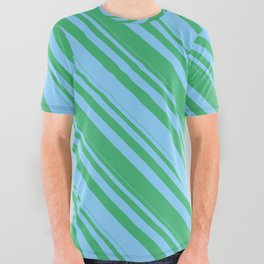 [ Thumbnail: Light Sky Blue & Sea Green Colored Striped/Lined Pattern All Over Graphic Tee ]