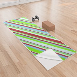 [ Thumbnail: Red, Light Sky Blue, Green, and Light Cyan Colored Striped/Lined Pattern Yoga Towel ]