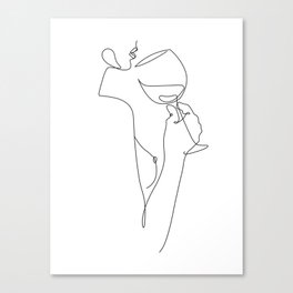 Continious Line Woman Drawing with Wine Glass Canvas Print