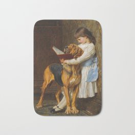 Briton Riviere  -  Reading Lesson  Compulsory Education Bath Mat | Learn, Vintage, Pupil, Reading, School, Classroom, Girl, People, Painting, Gift 