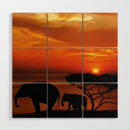 South Africa Photography - The Silhouette Of Elephants  In The Sunset Wood Wall Art