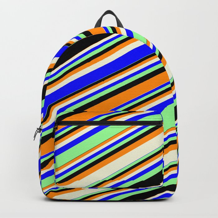 Vibrant Dark Orange, Beige, Blue, Green, and Black Colored Lines/Stripes Pattern Backpack