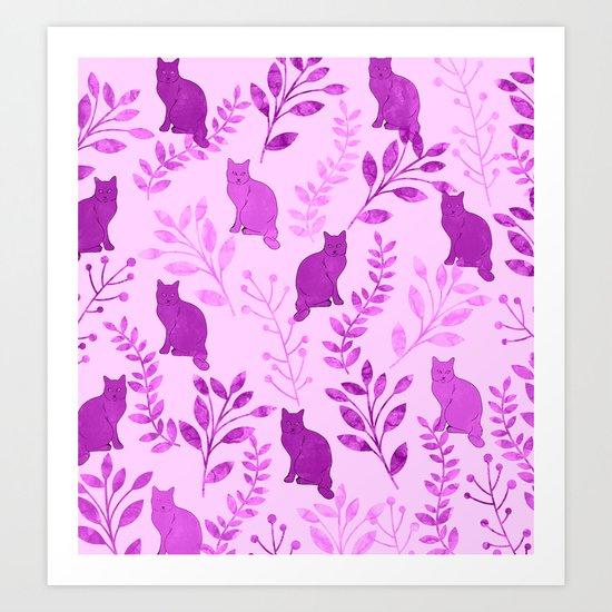 Watercolor Floral and Cat V Art Print