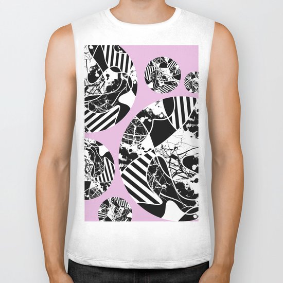 Black And White Bubbles 2 - Multi patterned, multi textured stripes, paint splats and marble on pink Biker Tank